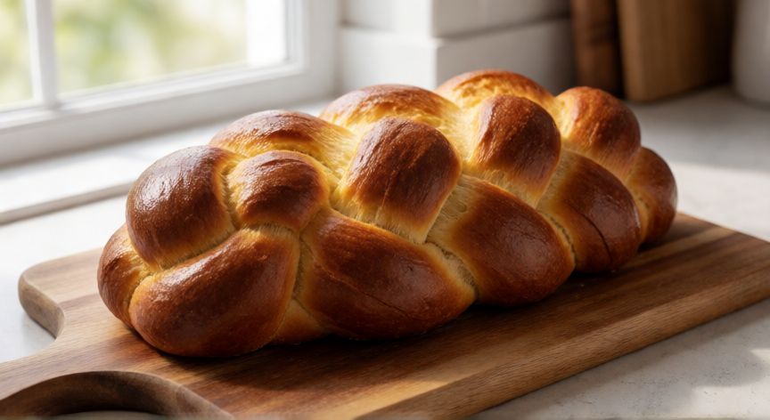como hacer pan judio, Pan judío challah recién horneado con trenza tradicional y corteza dorada