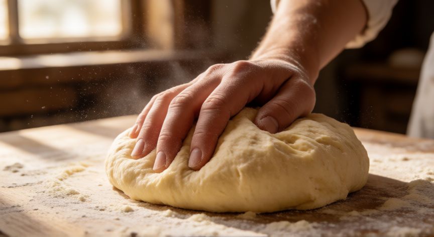 como hacer pan judio casero, Manos amasando masa de pan judío en cocina casera