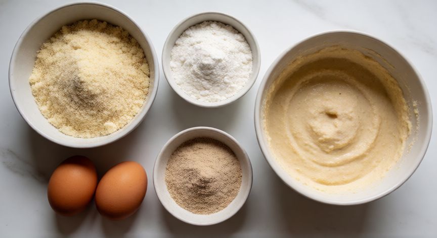 como hacer pan keto, Ingredientes para preparar masa de pan keto con harina de almendra y coco