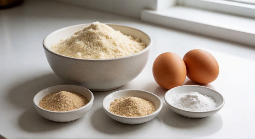 como hacer pan keto con harina de almendras, Ingredientes para pan keto con harina de almendras en encimera blanca