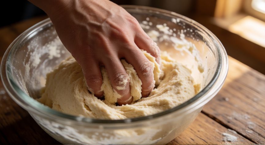 como hacer pan keto con harina de coco, Manos amasando masa de harina de coco para pan keto en un bol de cristal