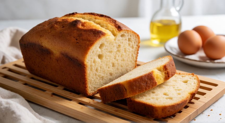 como hacer pan keto con harina de coco, Pan keto de harina de coco recién horneado enfriándose sobre una rejilla de madera