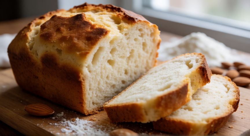 como hacer pan keto en casa, Pan keto casero recién horneado con corteza dorada y miga esponjosa