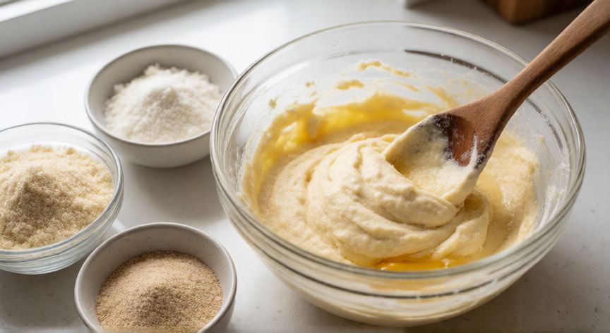 como hacer pan keto en casa, Preparación de la masa para pan keto con harina de almendra y coco