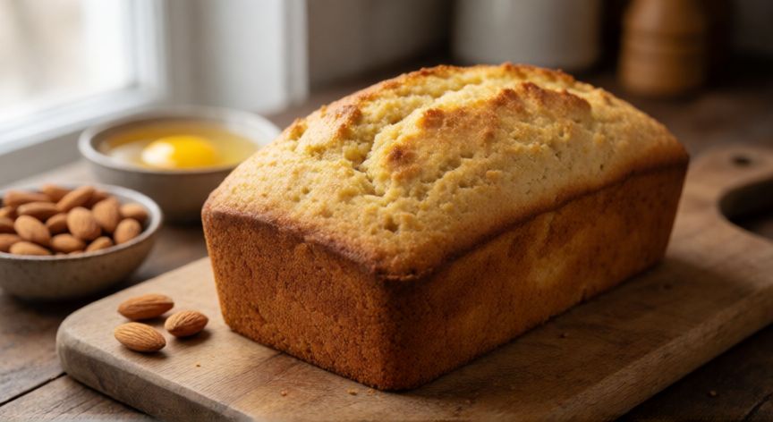 como hacer pan keto en microondas, Pan keto de harina de almendra recién horneado sobre tabla de madera