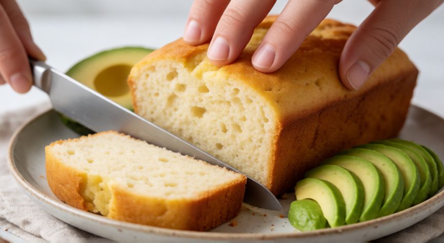 como hacer pan keto en microondas, Cortando rebanadas de pan keto con aguacate al lado