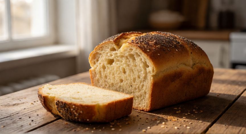 como hacer pan keto facil, Pan keto casero recién horneado con corteza dorada y miga esponjosa sobre mesa de madera