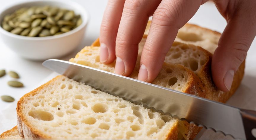como hacer pan keto facil, Corte de rebanada de pan bajo en carbohidratos con mantequilla fundida y semillas alrededor
