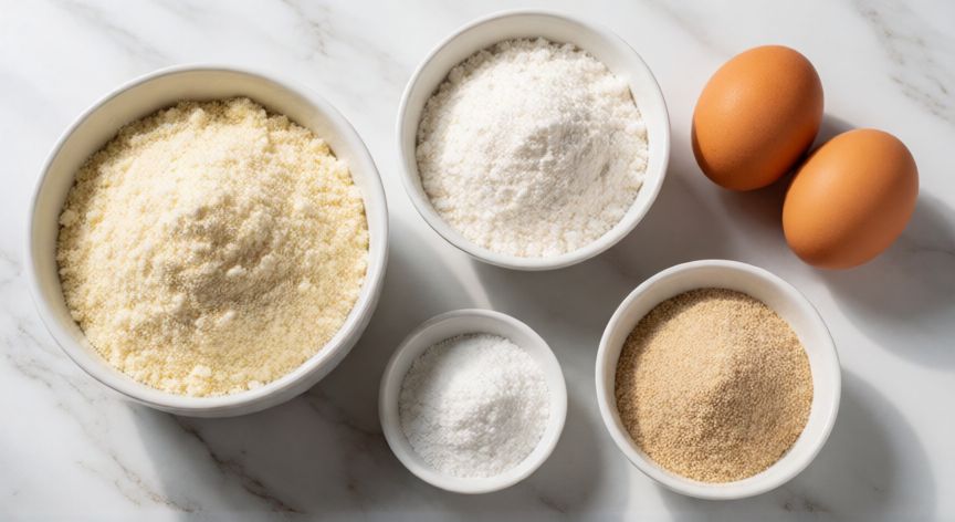 como hacer pan keto fácil y rápido, Ingredientes para pan keto dispuestos en bowls sobre mármol blanco