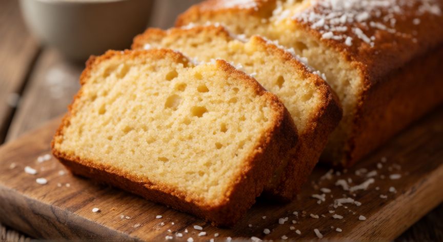 como hacer pan keto sin harina, Rebanadas de pan keto de harina de almendra y coco sobre tabla de madera