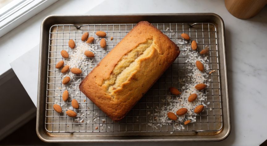 como hacer pan keto sin harina, Pan keto entero enfriándose en rejilla con almendras y coco alrededor
