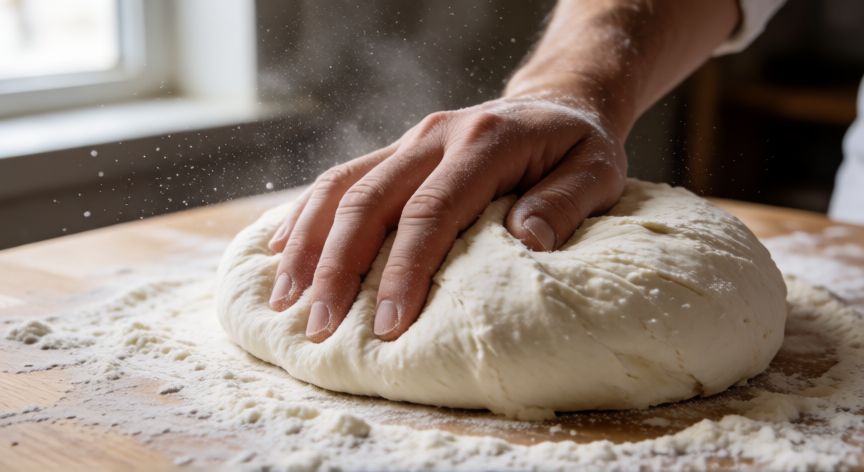 como hacer pan lactal, Manos amasando masa de pan blanco en superficie enharinada