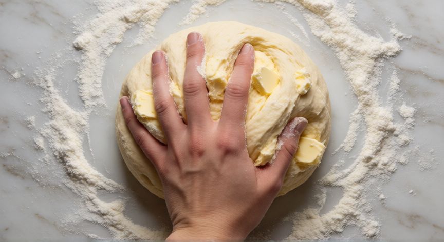 como hacer pan lactal esponjoso, Manos amasando masa de pan lactal con mantequilla sobre superficie de mármol