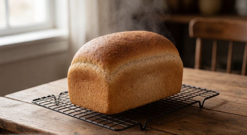 como hacer pan lactal integral, Pan lactal integral recién horneado enfriándose sobre rejilla
