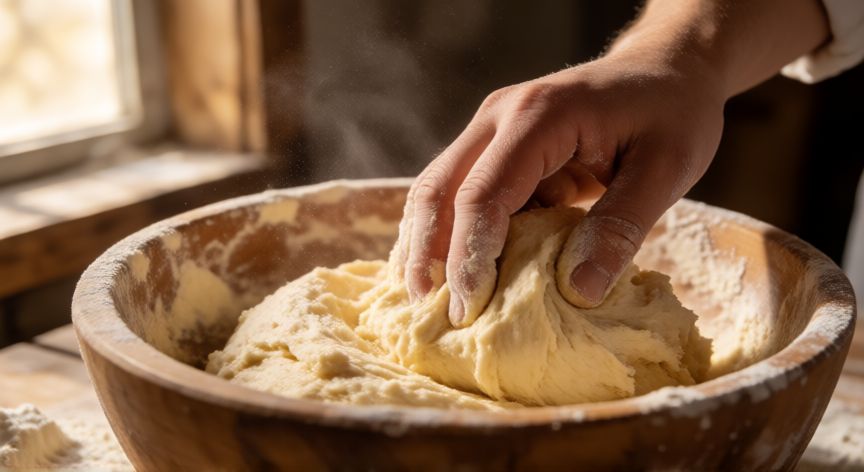 como hacer pan lactal integral casero, Manos amasando masa de pan lactal integral en un bol de madera