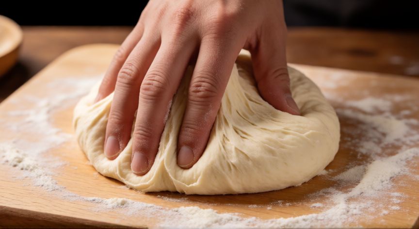 como hacer pan lactal sin molde, Manos estirando y plegando masa de pan lactal sobre tabla de madera