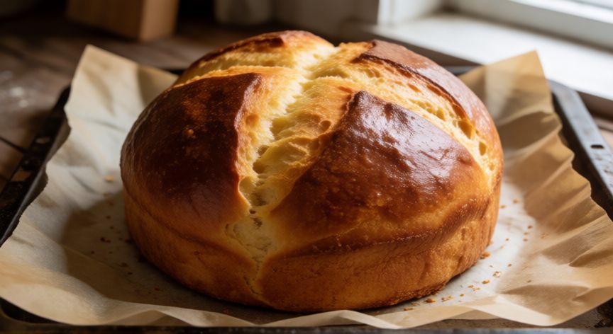 como hacer pan lactal sin molde, Pan lactal dorado horneado sin molde sobre bandeja con papel de horno