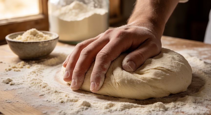 como hacer pan levadura fresca, Manos amasando masa de pan con harina y levadura fresca sobre mesa de madera