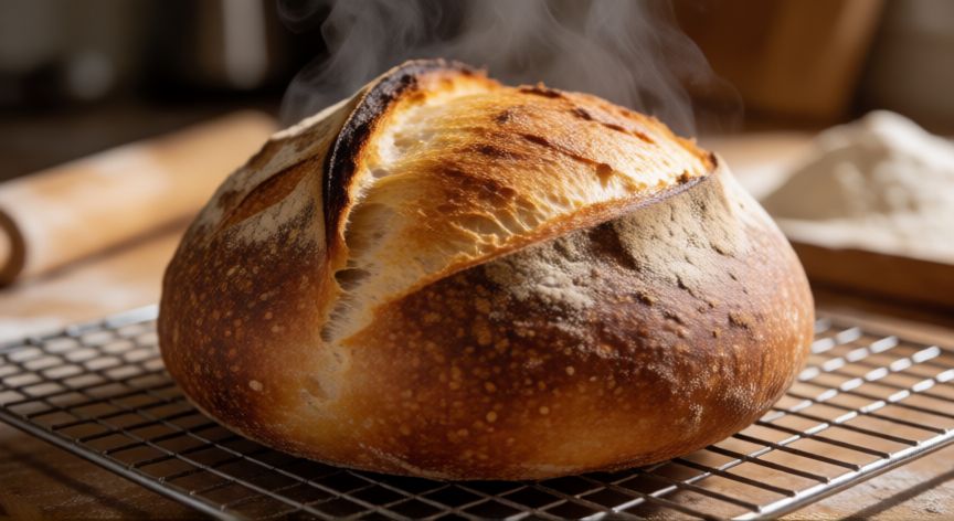 como hacer pan levadura fresca, Pan de masa madre recién horneado con corteza dorada y miga esponjosa enfriándose
