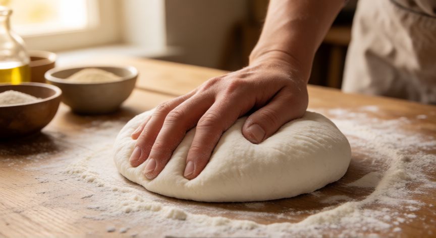como hacer pan libanes, Manos amasando masa de pan libanes sobre mesa de madera enharinada