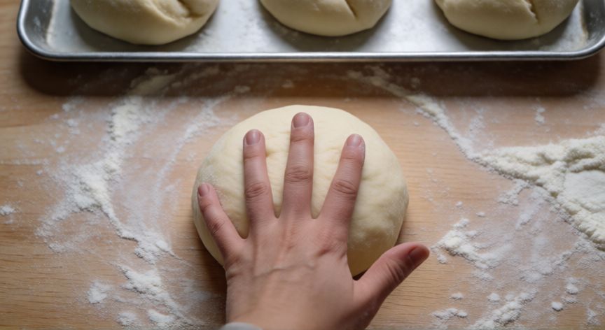 como hacer pan marraqueta, Manos amasando y boleando la masa de pan marraqueta sobre una superficie de madera