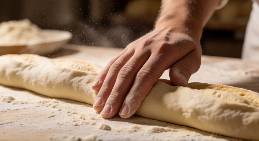 como hacer pan marroqui, Manos de panadero dando forma a la masa del pan marroquí espolvoreada con harina