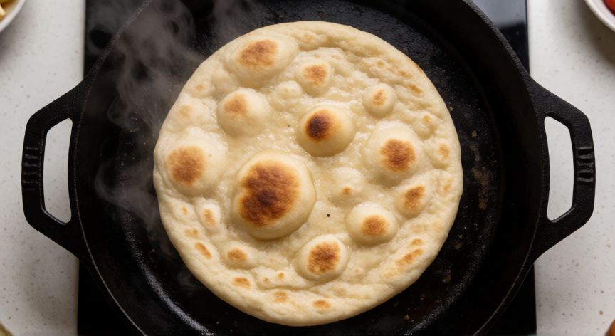 como hacer pan marroqui en sarten, Pan marroqui cocinándose en una sartén de hierro fundido con superficie dorada