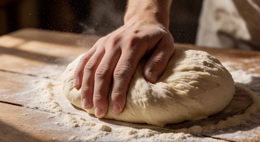 como hacer pan masa madre en casa, Manos amasando masa de pan de madre sobre mesa de madera