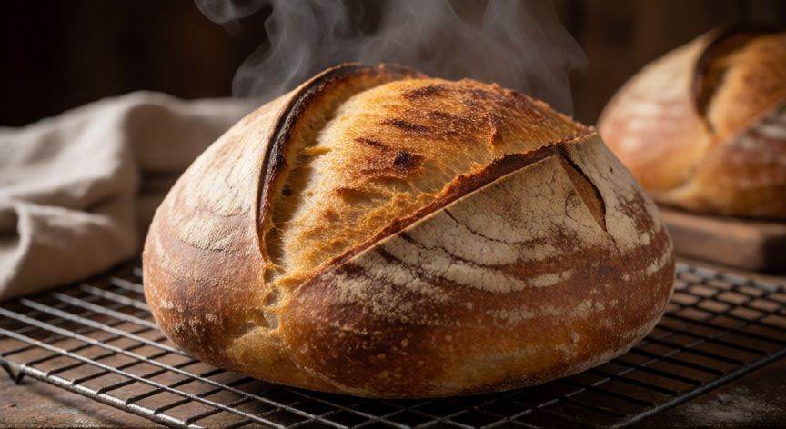 como hacer pan masa madre en casa, Pan de masa madre recién horneado con corteza dorada en rejilla