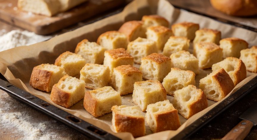 como hacer pan molido casero, Cubos de pan en bandeja de horno listos para tostarse
