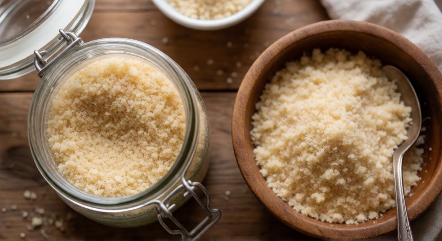como hacer pan molido casero, Bote de cristal con pan molido casero y cuenco de madera