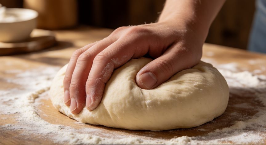 como hacer pan mollete, Manos amasando masa de pan mollete sobre encimera de madera