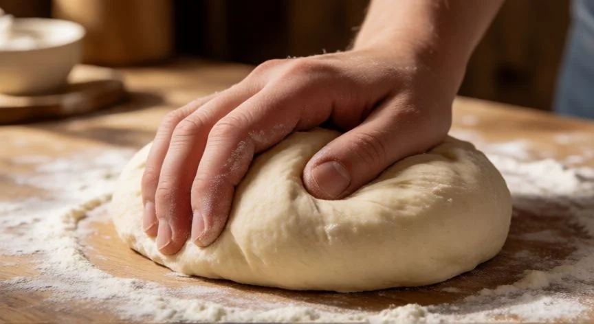 Manos amasando masa de pan mollete sobre encimera de madera
