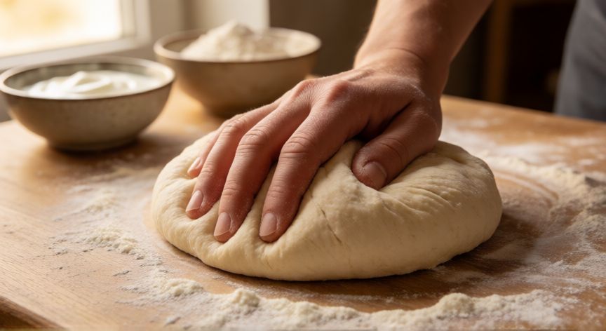 como hacer pan naan, Manos amasando masa de pan naan sobre superficie de madera enharinada
