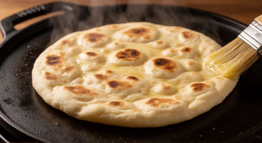 como hacer pan naan, Cocinando pan naan en plancha de hierro con manchas doradas y vapor
