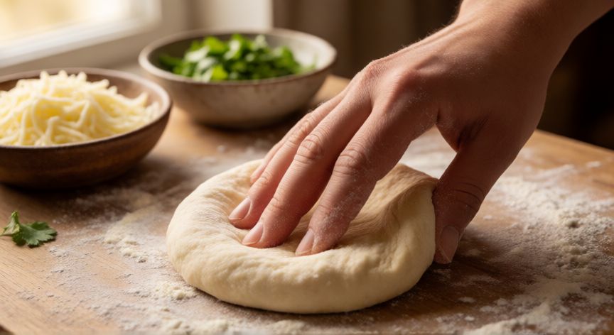 como hacer pan naan con queso, Manos estirando masa de pan naan sobre mesa de madera con harina