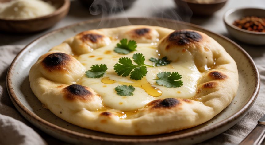 como hacer pan naan con queso, Pan naan casero relleno de queso mozzarella fundido y espinaca
