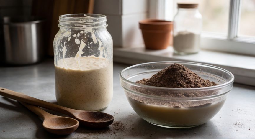 como hacer pan negro, Ingredientes para preparar masa madre de centeno en un banco de cocina