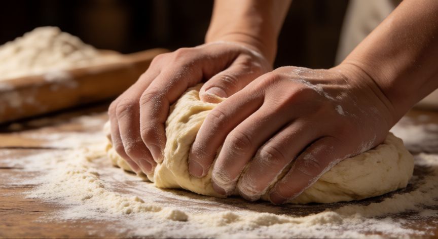 cómo hacer pan nicaragüense, Manos amasando masa de pan nicaragüense sobre mesa de madera con harina