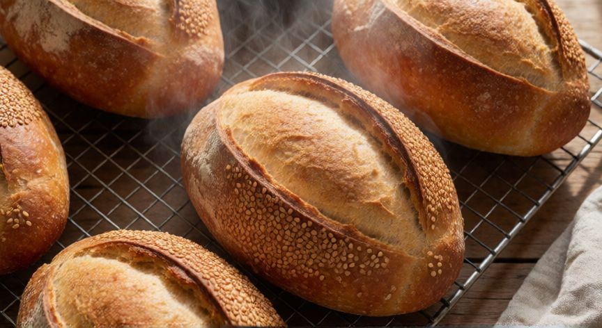 cómo hacer pan nicaragüense, Hogazas de pan nicaragüense doradas con ajonjolí enfriándose en rejilla