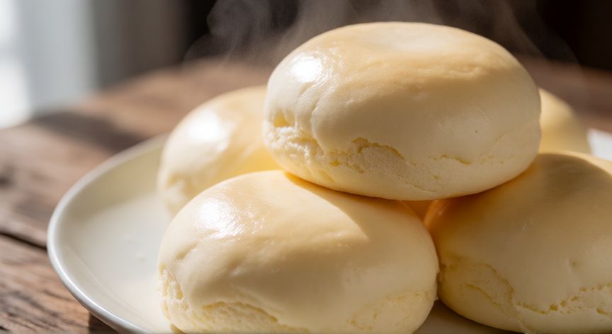 como hacer pan nube, Pan nube suave y esponjoso apilado en un plato blanco con luz natural