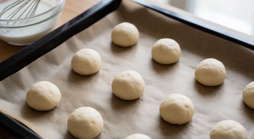 como hacer pan nube, Bolitas de masa de pan nube reposando en bandeja de horno preparadas para cocinar