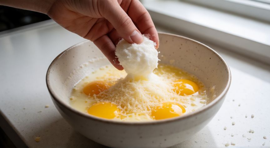 como hacer pan nube en sarten, Incorporación de claras a punto de nieve con yemas y queso para la masa de pan nube