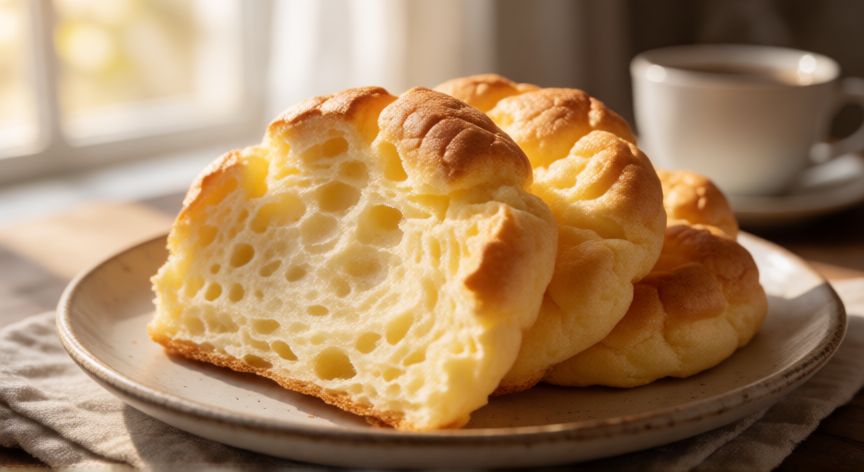 como hacer pan nube keto, Rebanadas de pan nube keto dorado y esponjoso en un plato