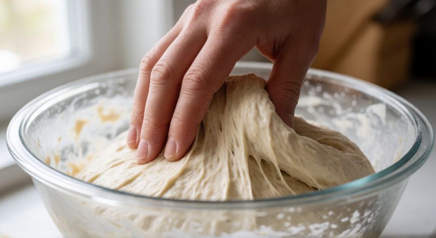 como hacer pan ocañero, Manos realizando pliegues de estirado en una masa madre hidratada para pan