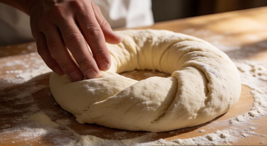 como hacer pan ojo de buey, Manos amasando masa de pan para formar un ojo de buey sobre mesa de madera