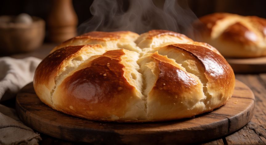 como hacer pan ojo de buey, Pan ojo de buey recién horneado con costra dorada y crujiente sobre tabla de madera