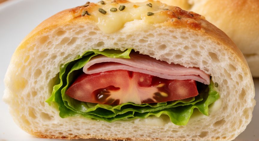 como hacer pan oregano parmesano de subway, Corte transversal de sándwich con pan suave y relleno fresco
