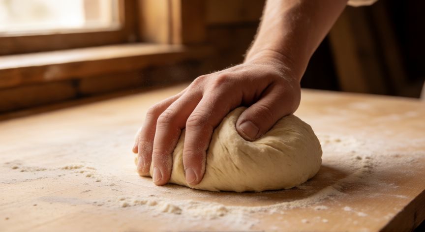 como hacer pan para 2 personas, Manos amasando masa de pan sobre mesa de madera con harina