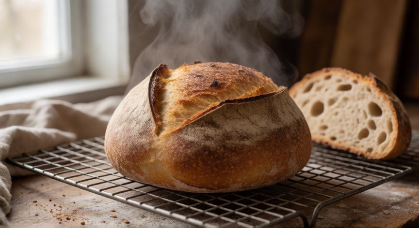 como hacer pan para 2 personas, Hogaza de pan casero dorada enfriándose sobre rejilla metálica